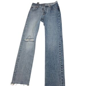 Levi's Premium Wedgie Straight Jeans Light Wash Distressed Knee Raw Hem – Sz 23